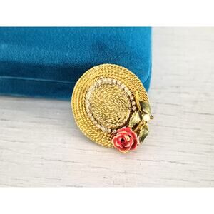 Vintage Mid Century My Fair Lady BSK Floral Gold-tone Straw Hat Brooch